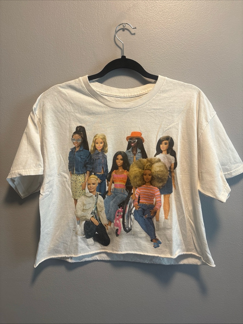 White Barbie Cropped Tee, Raw Hem, Size Large